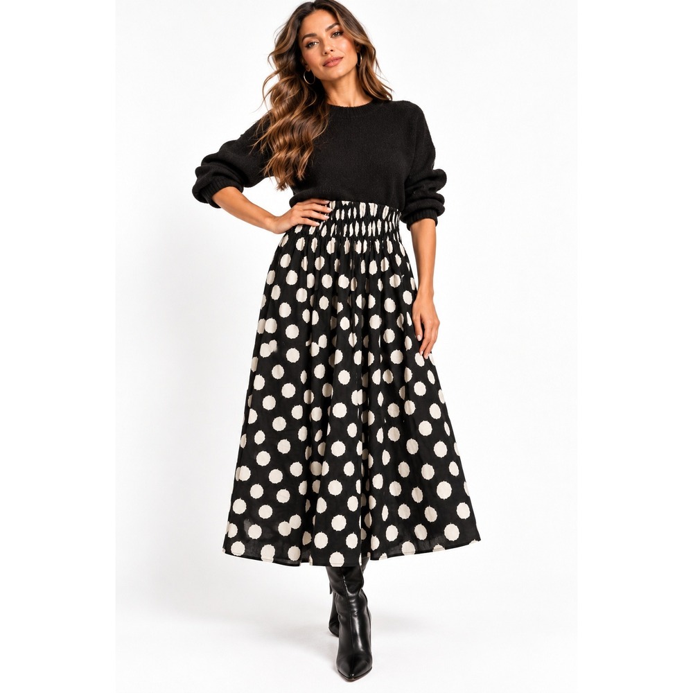 Lucy Paris Amari Midi Skirt Black White Polka Dot Cotton Elastic Waist Small NWT
